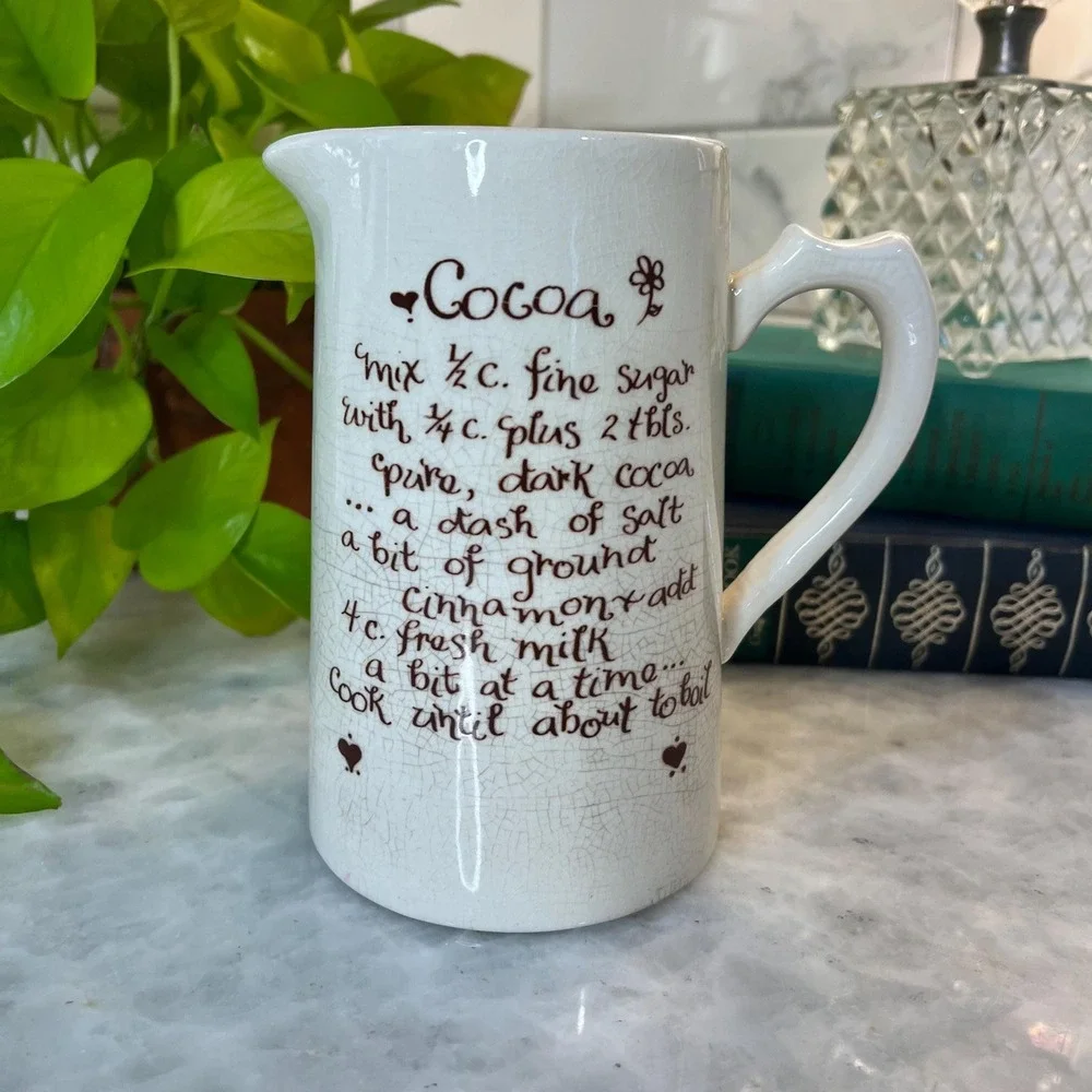 Vintage Ironstone Hot Cocoa Pitcher With Recipe In Brown Script - Picture 1 of 6